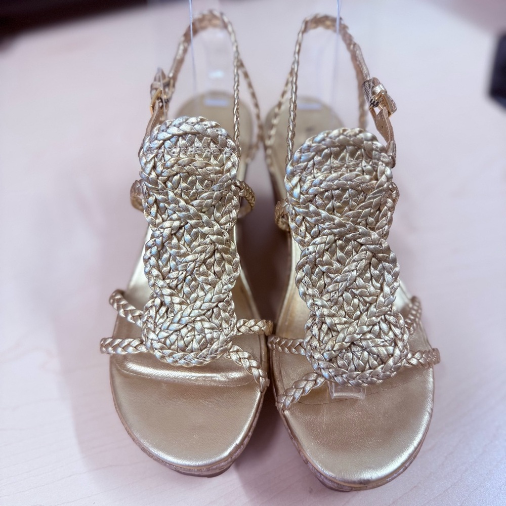 Kate Spade New York Metallic Gold Braided Leather Slingback Wedge Heels Size 5.5 - Picture 2 of 11